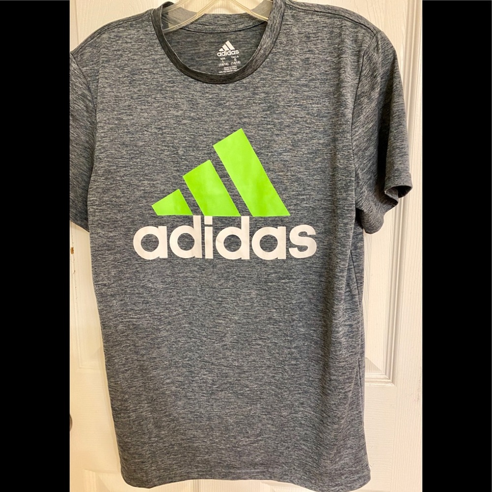 adidas Gray Short Sleeve Polyester T-shirt Green Logo Size 14-16